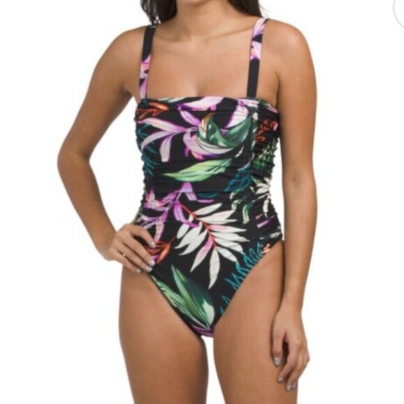 Carmen Marc Valvo Ruched One Piece Swimsuit Organic Bloom Black Floral 4 New - Picture 2 of 7